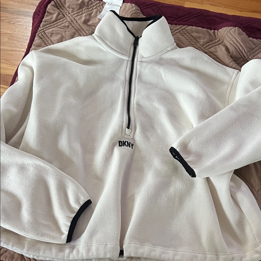 DKNY White Fleece Half-Zip Pullover with Black Trim